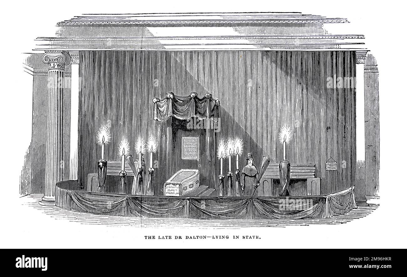 Dr. John Dalton acostado en el estado en el Ayuntamiento de Manchester. Ilustración en blanco y negro del London Illustrated News; agosto de 1844. Foto de stock