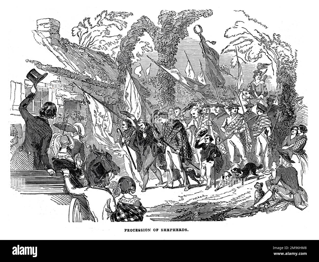 Procesión de los Pastores en el Festival de Burns, Ayr, Escocia 1844. Ilustración en blanco y negro del London Illustrated News; agosto de 1844. Foto de stock