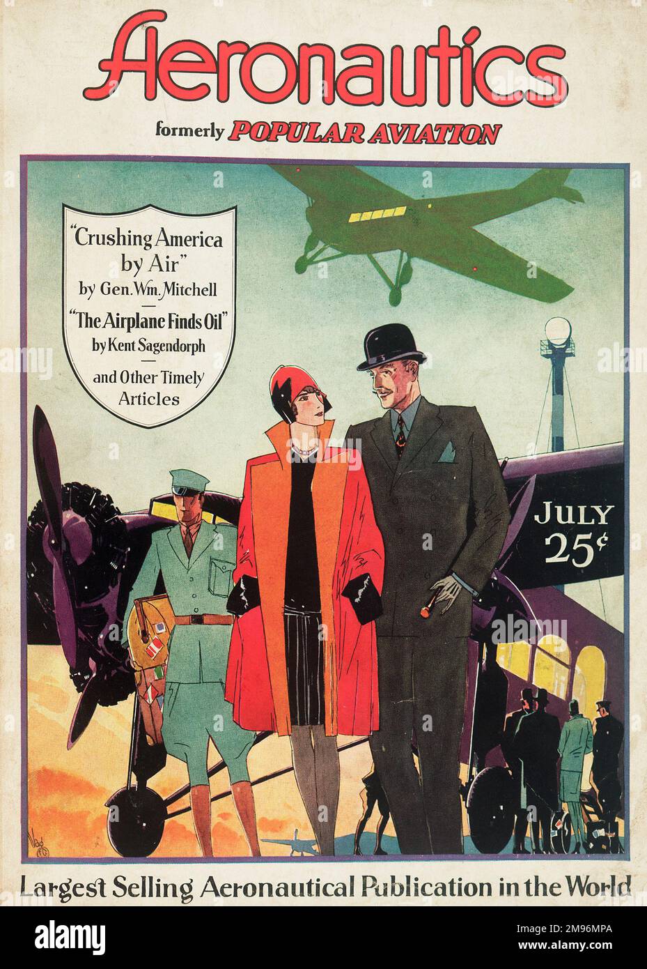 El diseño de la portada, Aeronautics Magazine, anteriormente Popular Aviation, muestra a una pareja bien vestida caminando a través de una pista de aterrizaje del aeropuerto, su chofer siguiendo detrás, llevando su equipaje. Foto de stock
