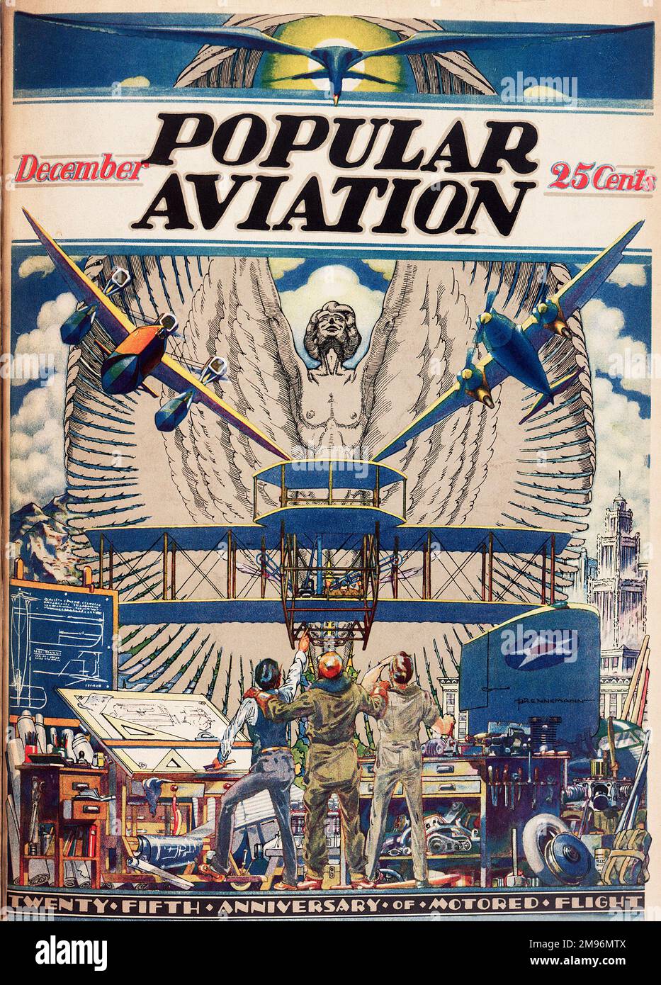 Diseño de portada, Popular Aviation Magazine, que muestra a tres dibujantes con sus diseños, mirando asombrados por sus inventos, para conmemorar el 25th aniversario del vuelo motorizado. Foto de stock