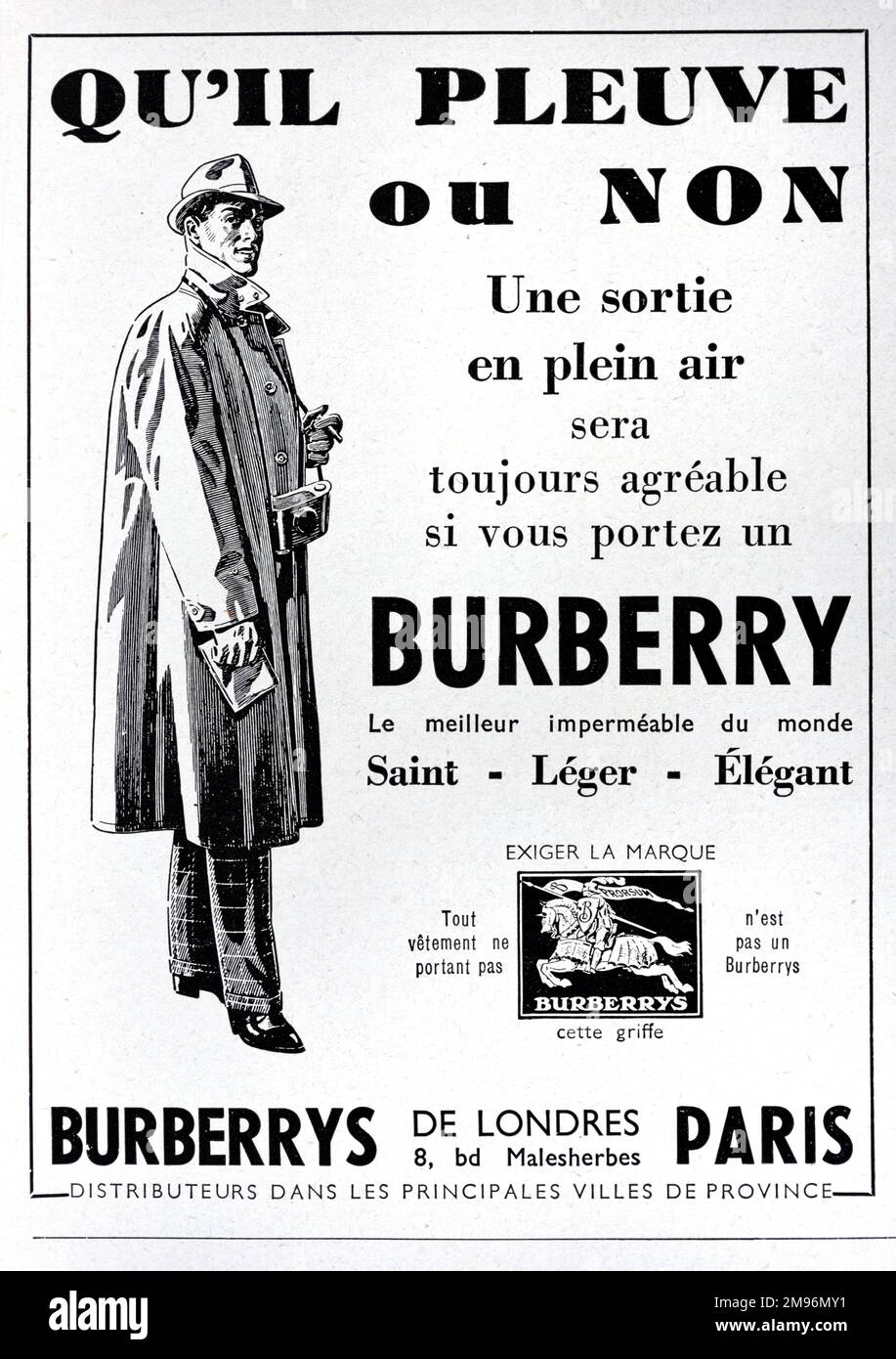 Anuncio de Burberry Coat Ilustrado con 1950s Hombre o Caballero .1957 Vintage o Antiguo Anuncio, Anuncio, Publicidad o Ilustración Foto de stock