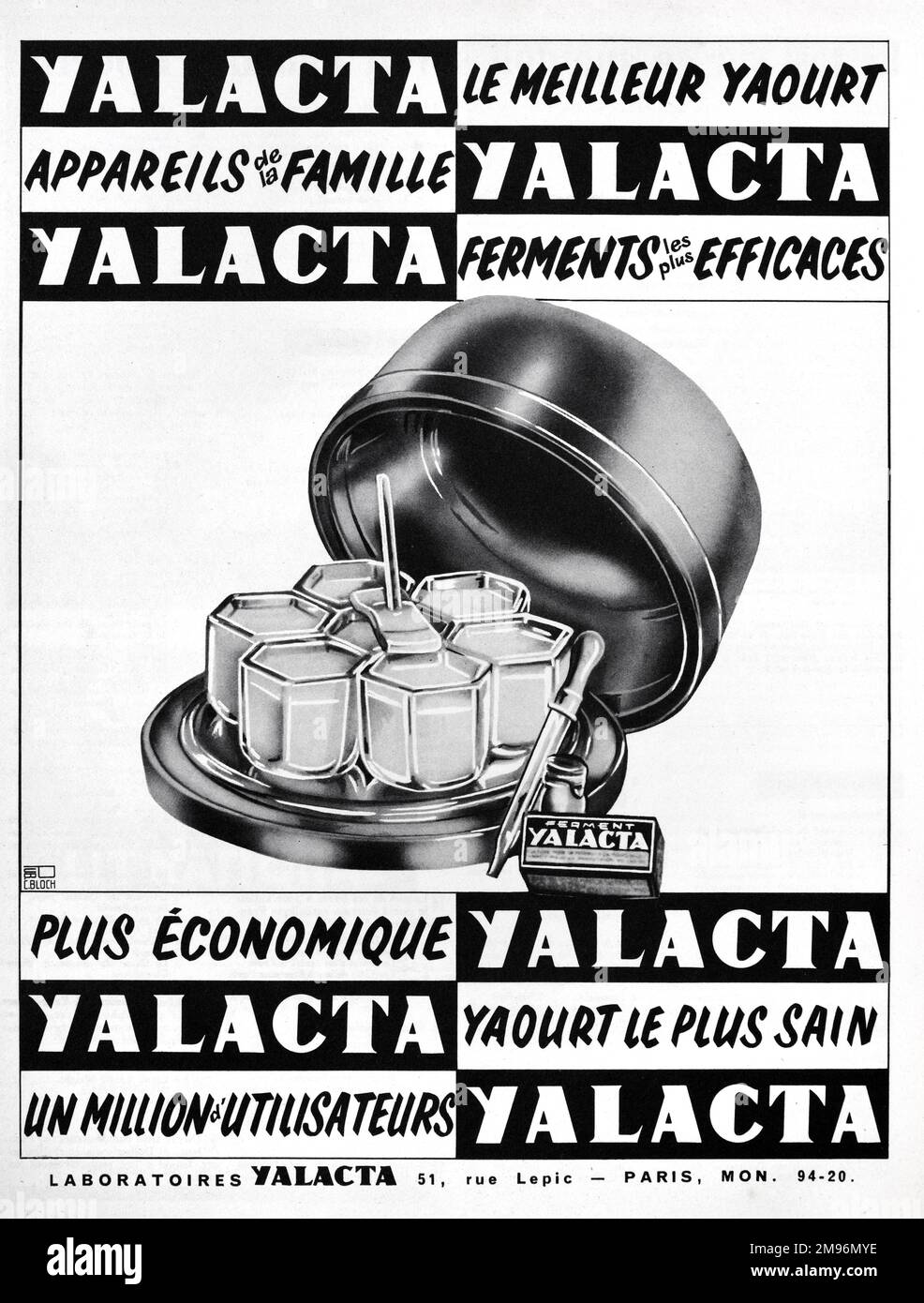 Vintage o viejo anuncio, anuncio, publicidad o ilustración para Yalacta yoghurt Maker o yoghurt que hace la máquina anuncio 1957. Foto de stock