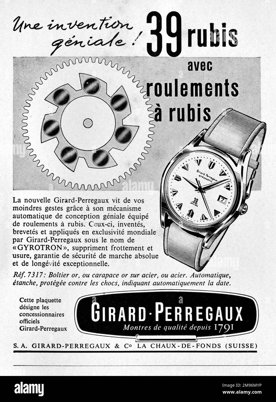 Vintage o antiguo anuncio, publicidad, publicidad o ilustración para Girard-Perregaux relojes. Ver anuncio 1957 Foto de stock