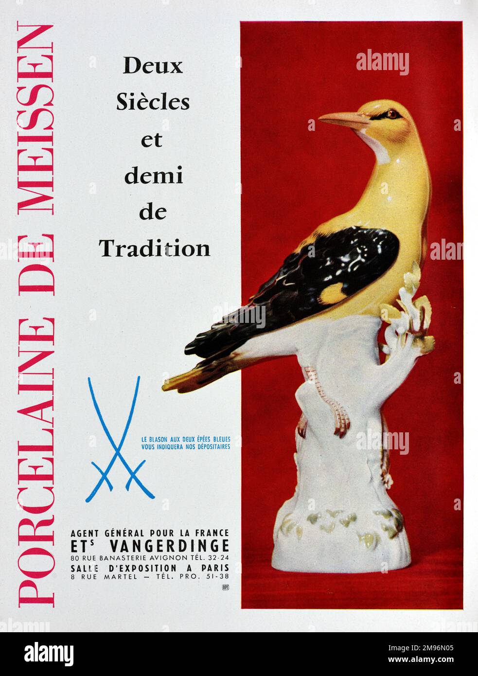 Vintage o antiguo anuncio, publicidad, publicidad o ilustración para porcelana de Meissen o Meissen China 1957. Con figura de porcelana de pájaro amarillo, posiblemente un oriole. Foto de stock