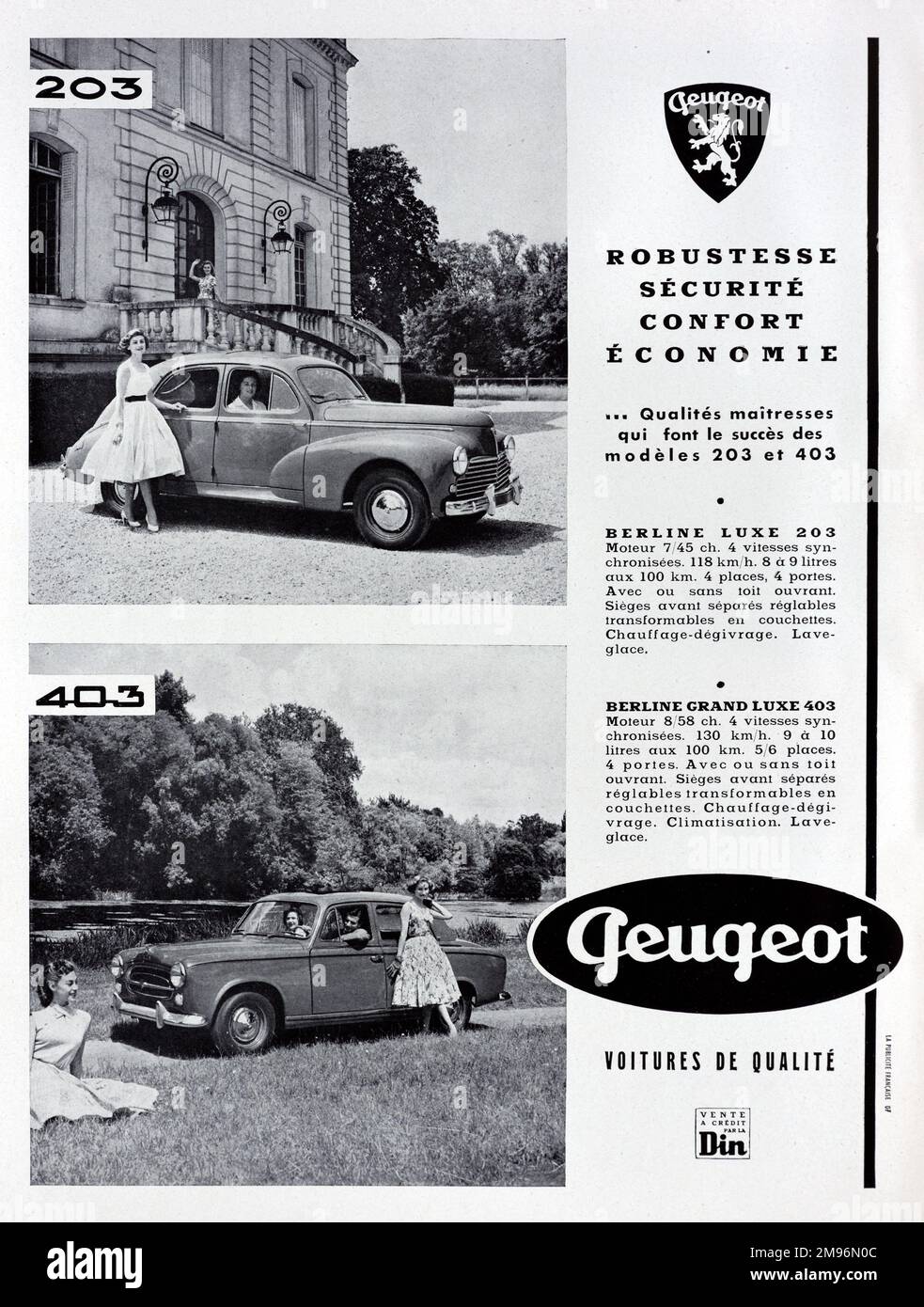 Vintage o antiguo anuncio, anuncio, publicidad o ilustración para Peugeot 203 y 403 anuncio 1957 Foto de stock