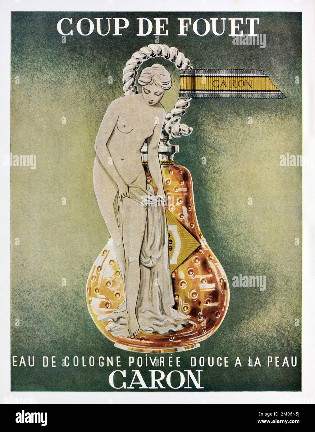 Vintage o antiguo anuncio, publicidad, publicidad o ilustración para Caron Cosmetics anuncio 1957. Ilustrado con botella en forma de pera y mujer desnuda o joven desnuda Foto de stock