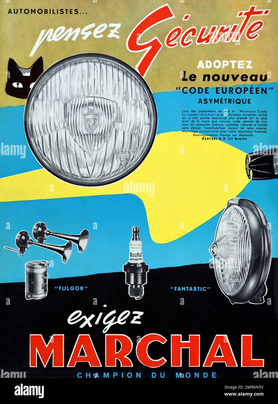 Anuncio antiguo, anuncio vintage, anuncio o publicidad para Marchal faro del coche, faro del coche, bujías, bocinas del coche y otros accesorios de la conducción Anuncio 1957 Foto de stock