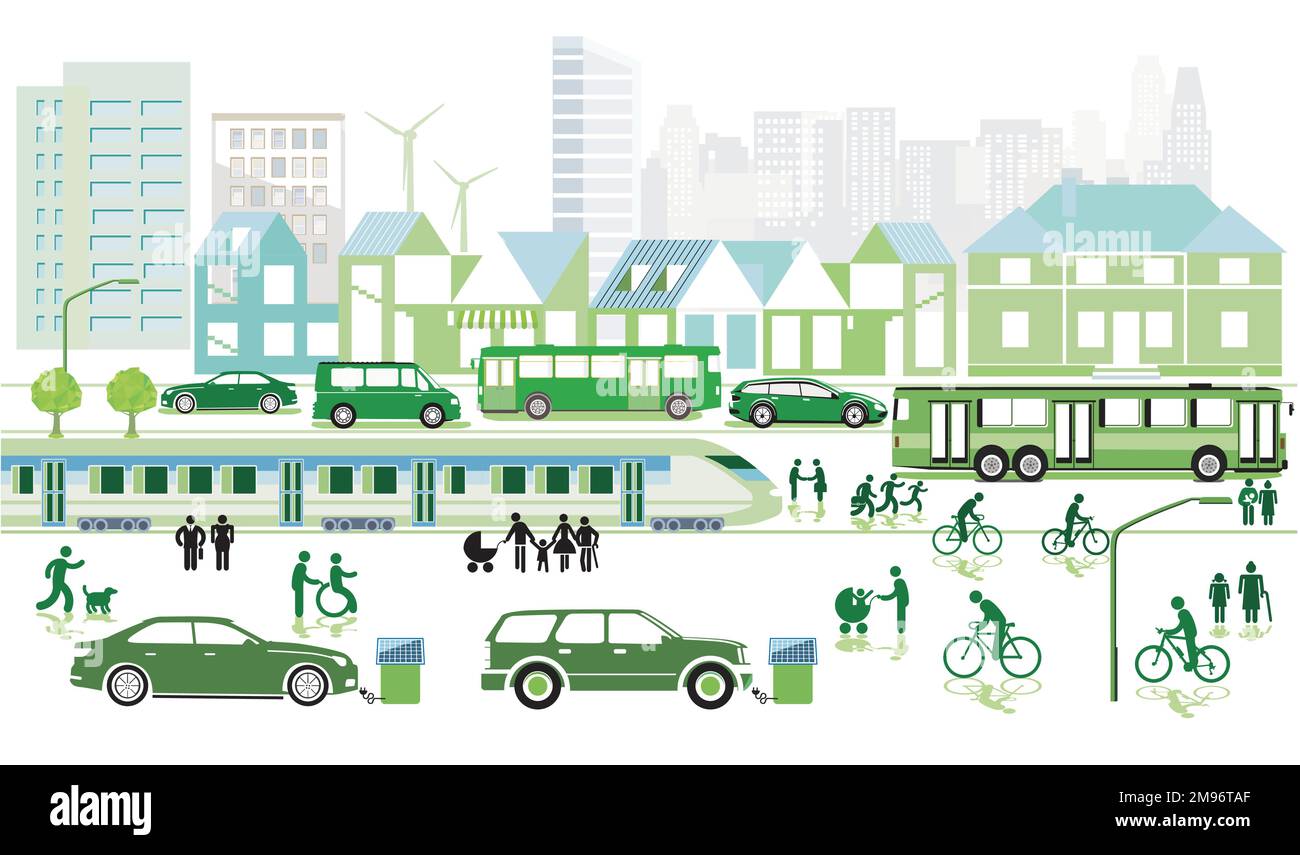 Ciudad ecológica con ciclistas y tren de pasajeros, ilustración Ilustración del Vector
