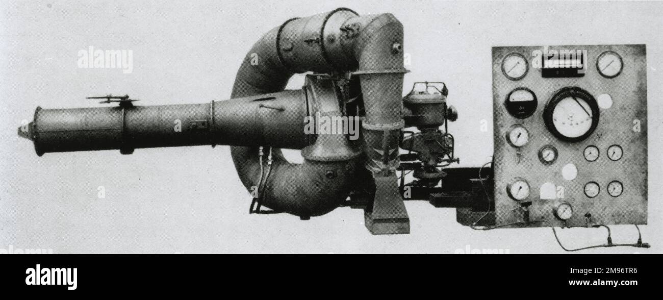 Turbina de gas de propulsión a chorro Whittle., ensamble de prueba del primer modelo del primer motor experimental Foto de stock