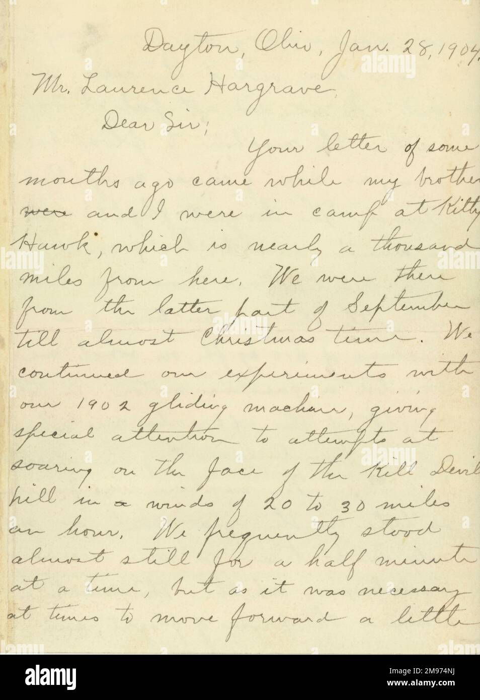 Página 1 de una carta de Wilbur Wright a Lawrence Hargrave, fechada el 28 de enero de 1904. Foto de stock