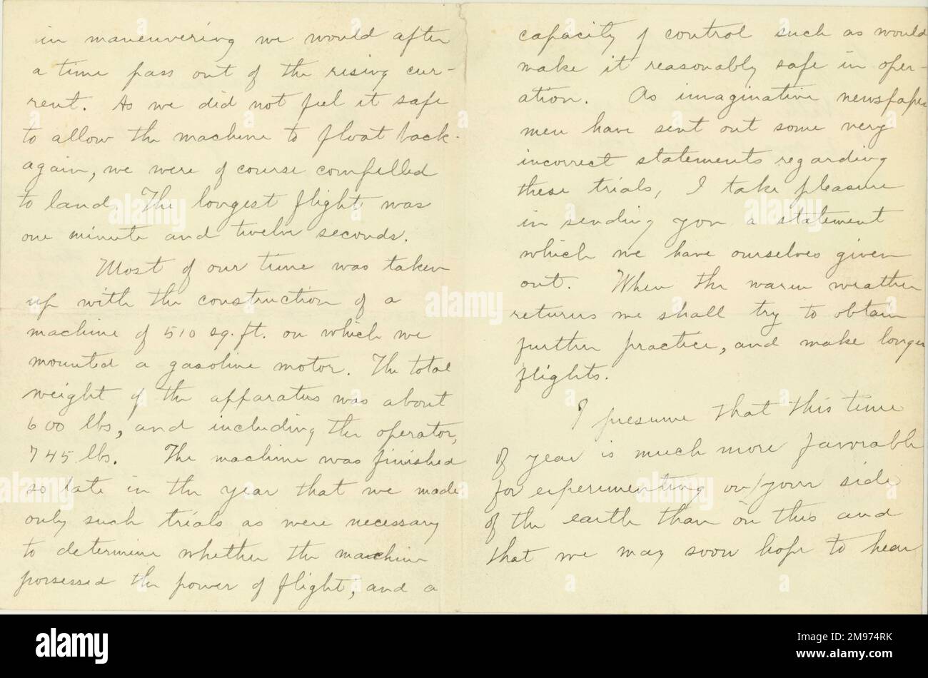 Páginas 2 y 3 de una carta de Wilbur Wright a Lawrence Hargrave, fechada el 28 de enero de 1904. Foto de stock