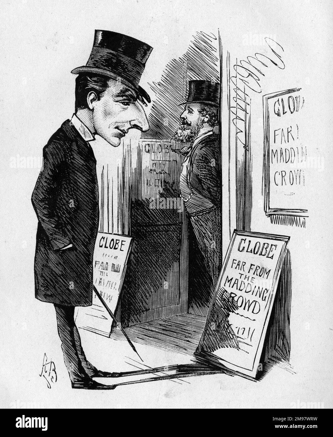 Caricatura de Sir Arthur Wing Pinero (1855-1934), actor, dramaturgo y director de escena inglés. Visto aquí fuera del Globe Theatre, Londres, donde se está produciendo una adaptación de la novela de Thomas Hardy, lejos de la multitud enloquecida. Pinero piensa que es muy parecido a su obra, El escudero, que se basó en la novela de Hardy. La ironía es que esta nueva producción es una adaptación del propio Hardy. Foto de stock