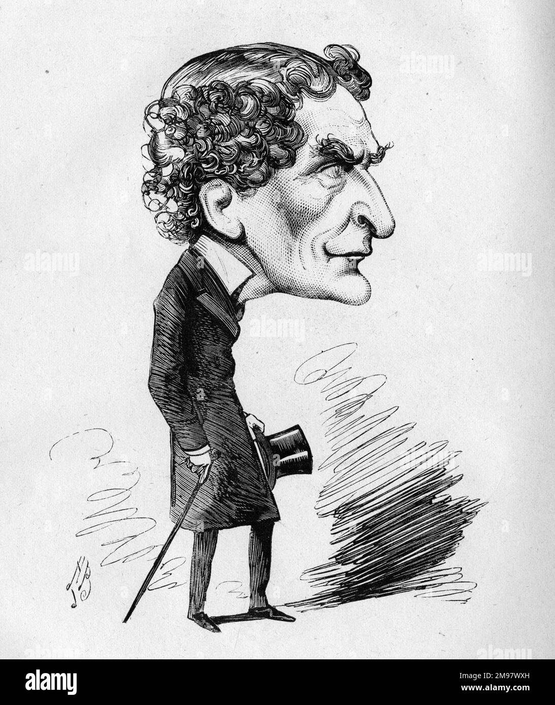 Caricatura, Tom Mead (1821-1889), actor inglés, con frecuencia interpreta como el villano debido a su profunda voz. En 1882 interpretó el papel de Apothecary en la producción de Henry Irving de Romeo y Julieta en el Lyceum Theatre de Londres. Foto de stock