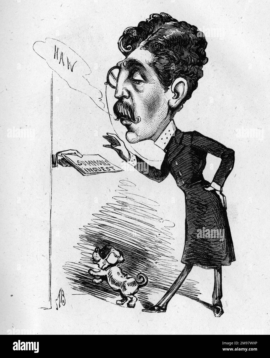 Caricatura del actor y gerente inglés Sir Squire Bancroft (1841-1926) -- ¡La idea de convocar a un actor de la sociedad como un jurado en una investigación de forense! Foto de stock
