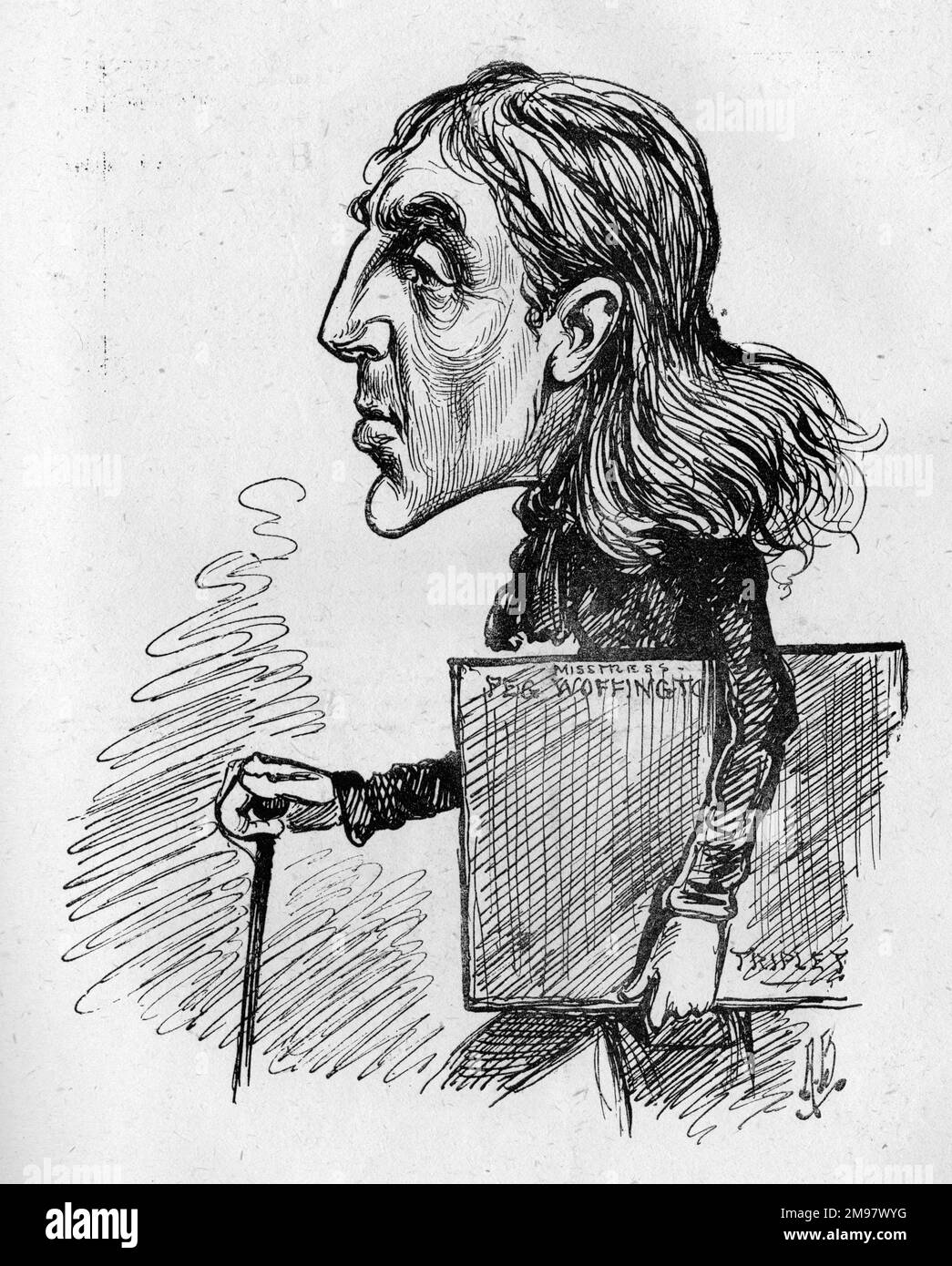 Caricatura del actor-director inglés Sir Squire Bancroft (1841-1926) en el personaje de Triplet en una producción de máscaras y caras, escrita en 1852 por Charles Reade y Tom Taylor. Foto de stock