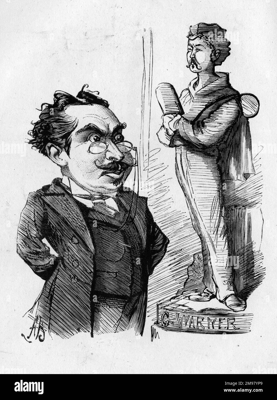 Caricatura de un hombre fruncido el ceño, posiblemente un director de teatro, con una estatua de Charles Lickfold Warner (1846-1909), actor inglés. Cuando montas un ídolo, debes evitar que se escape. Foto de stock
