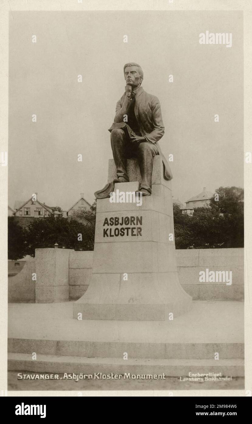 Asbjørn Kloster (21 de diciembre de 1823 - 18 de enero de 1876) fue un reformador social y líder del movimiento noruego de la templanza en el siglo 19th. Vínculos con el movimiento cuáquero, Sociedad Religiosa de Amigos. Fundó la primera sociedad de abstinencia total en Noruega. La estatua de Asbjørn Kloster fue levantada en Stavanger en 1912. Foto de stock