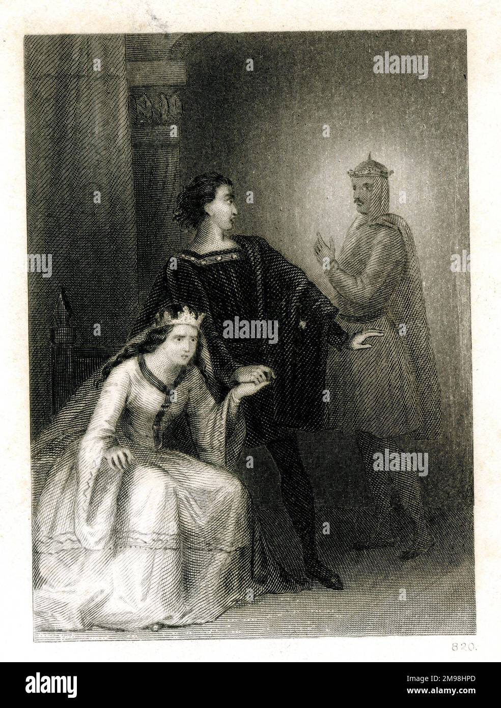 Escena de Hamlet de Shakespeare, que muestra a Hamlet con su madre, la reina Gertrude, y el fantasma de su padre en el fondo. Foto de stock