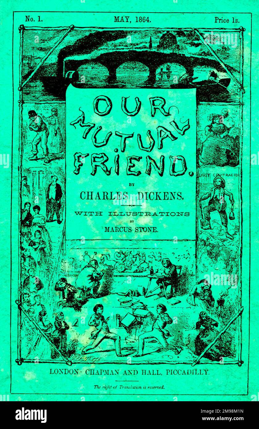 Diseño de portada para la primera entrega mensual de la novela Nuestro amigo mutuo de Charles Dickens, con ilustraciones de Marcus Stone, fechada en mayo de 1864. Foto de stock