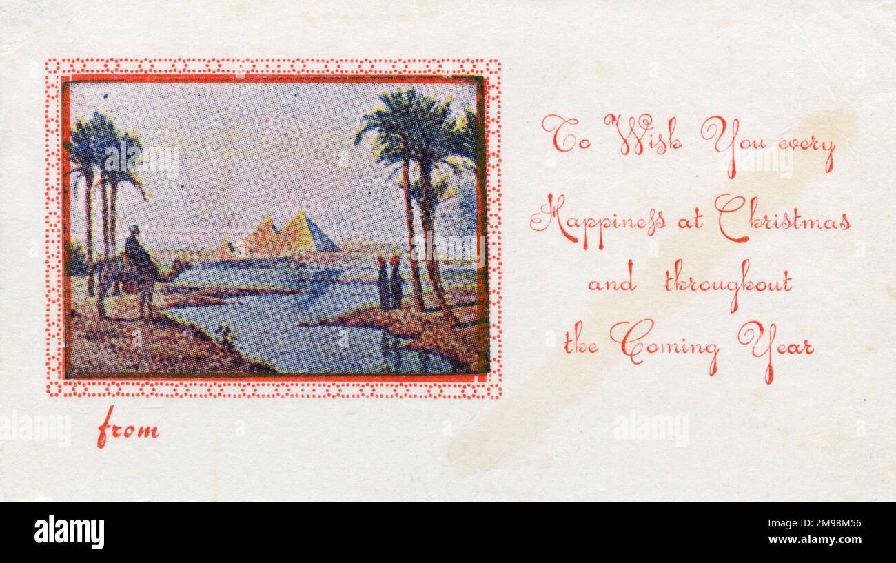 WW1 - Una tarjeta de felicitación de Navidad de pequeño formato enviada a casa desde Egipto por el cabo Sidney R Davis (T.59454) de 5. T.. Compañía Real Cuerpo de Servicio del Ejército (R.A.S.C.), Fuerza Expedicionaria Mesopotámica (M.E.F.) Foto de stock