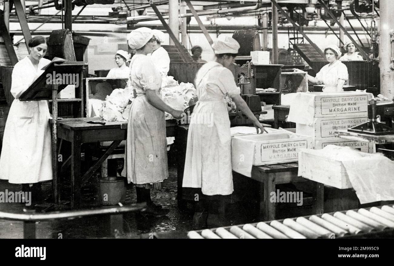 Fábrica de margarina que lucha contra la escasez de alimentos debido a la acción de los submarinos alemanes durante la Primera Guerra Mundial. Foto de stock