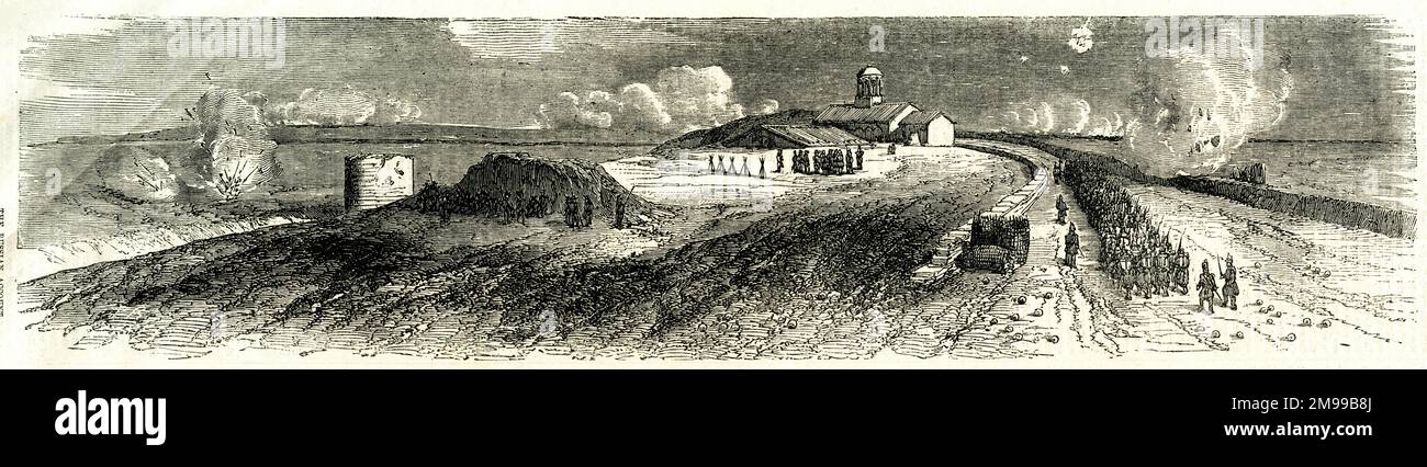 Belfry House con tirailleurs (fusileros), y trincheras a la derecha, Batalla de Inkerman, Guerra de Crimea, 5 de noviembre de 1854. Foto de stock