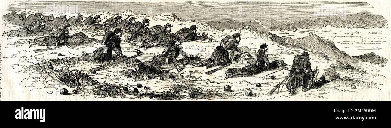 Tirailleurs (fusileros) en guardia en las trincheras durante la Batalla de Inkerman, Guerra de Crimea, 5 de noviembre de 1854. Foto de stock
