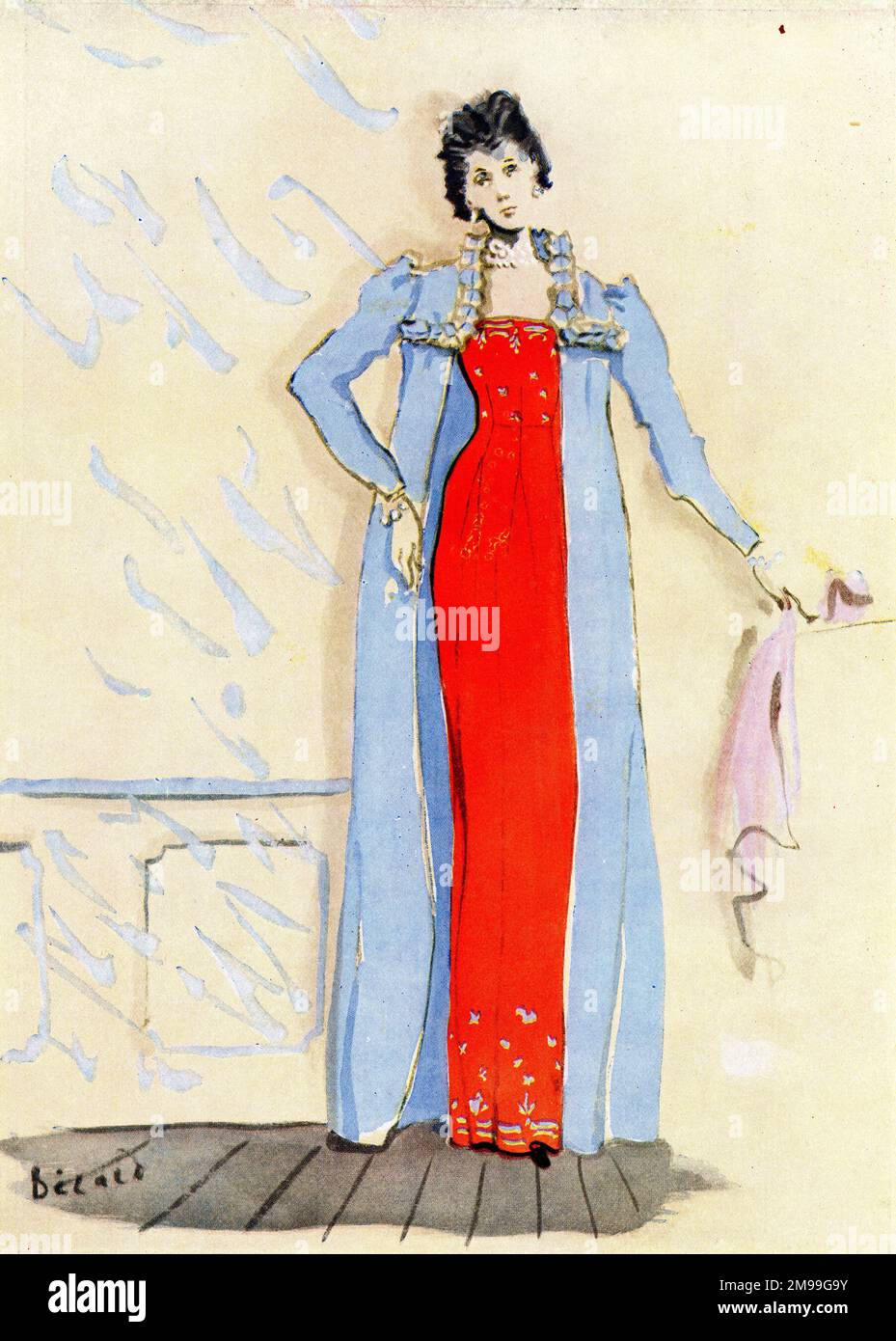 Diseño de moda de Schiaparelli, Londres, mostrando un abrigo Empire satinado sobre un vestido etrusco de crepé estampado. Foto de stock