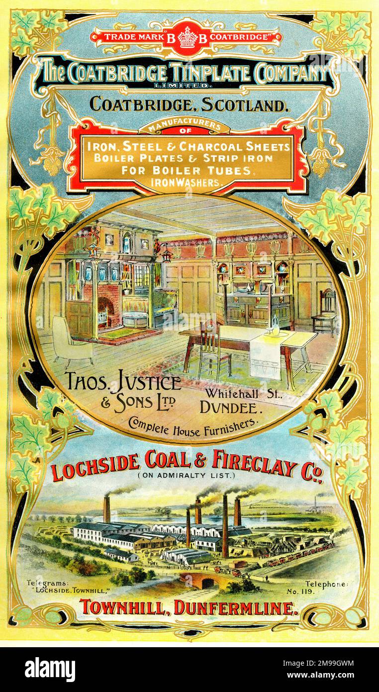 Anuncios de Coatbridge Tinplate Company, Coatbridge, Thomas Justice & Sons Ltd, Dundee y Lochside Coal & Fireclay Co, Townhill, Dunfermline, Escocia. Foto de stock