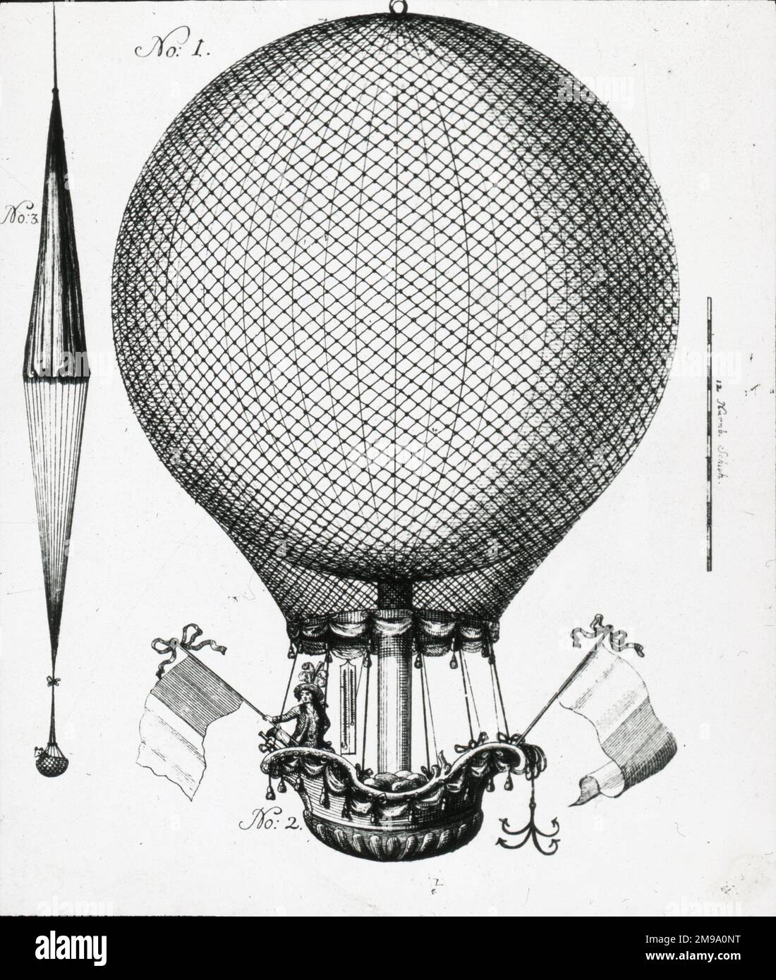 El paracaídas experimental de Blanchards utilizado en Nurnberg, 1787 Foto de stock