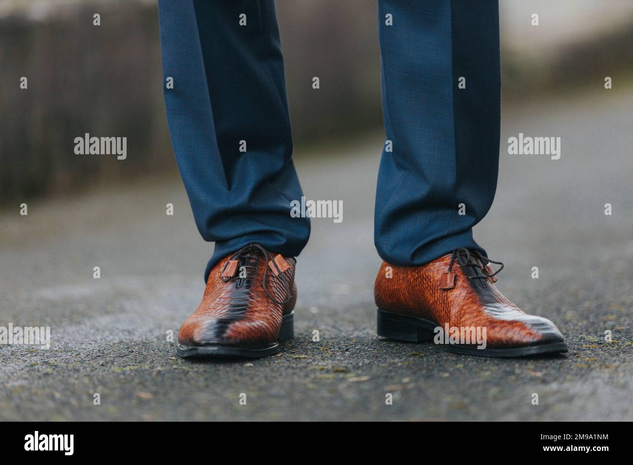 Un hombre elegante en pantalones de traje azul oscuro y zapatos de piel de  reptil marrón y negro Fotografía de stock - Alamy