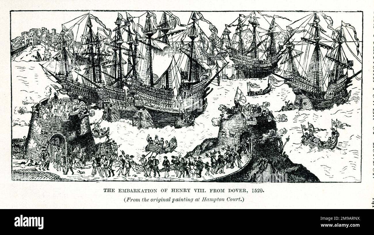 Desembarco del rey Enrique VIII de Dover, 31 de mayo de 1520, para su encuentro en Francia con Francisco I en el campo de la tela de oro. Foto de stock
