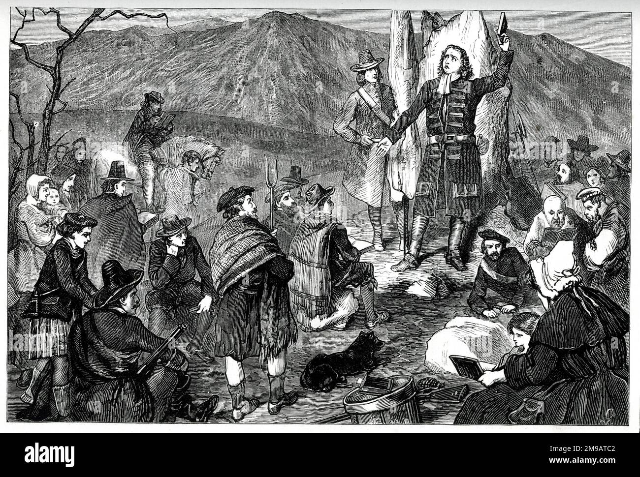 Reunión de oración de Covenanters en el glen de Drumclog, South Lanarkshire, Escocia, antes de la Batalla de Drumclog, el domingo 1 de junio de 1679, luchó entre las tropas del gobierno y los militantes Presbiterianos Covenanters, parte de las Guerras de Covenanter de Escocia. Foto de stock