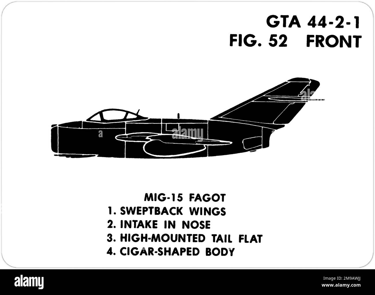 Mikoyan-Guryevich MiG-15 (nombre en clave de la OTAN: Fagot). Esta es una de las series de ayudas de entrenamiento gráfico (GTA) utilizadas por el ejército de los Estados Unidos para entrenar a su personal para reconocer aviones amistosos y hostiles. Este conjunto en particular, GTA 44-2-1, fue publicado en July1977. El set cuenta con aviones de: Canadá, Italia, Reino Unido, Estados Unidos y la URSS. Foto de stock