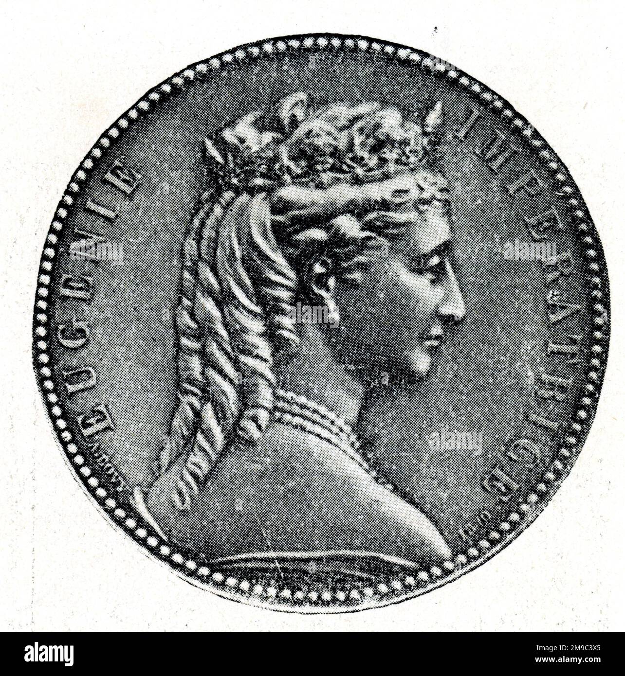 Medalla de plata diseñada por Bovy, que conmemora la visita de la emperatriz Eugenia a Egipto. El reverso de la medalla está decorado con un borde de hojas y flores. Foto de stock