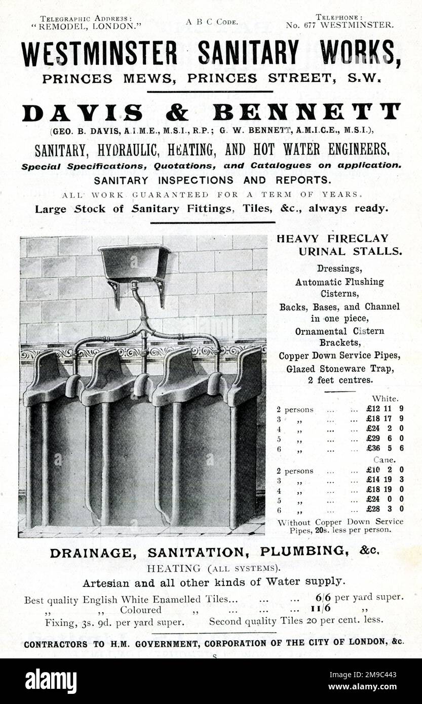 Anuncio, Westminster Sanitary Works, Davis & Bennett, Heavy Fireclay Urinal Stalls. Foto de stock