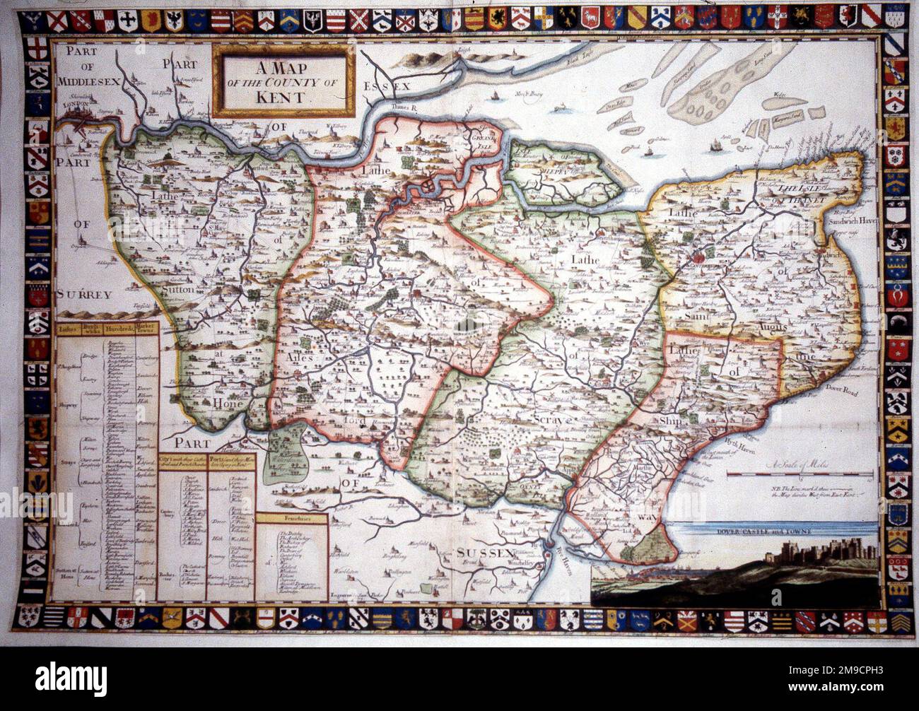 Mapa del siglo 18th del condado de Kent, Inglaterra Foto de stock