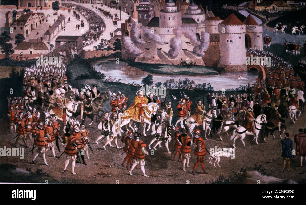 El rey Enrique VIII en el campo de la tela de oro a punto de encontrarse con el rey Francisco I de Francia Foto de stock
