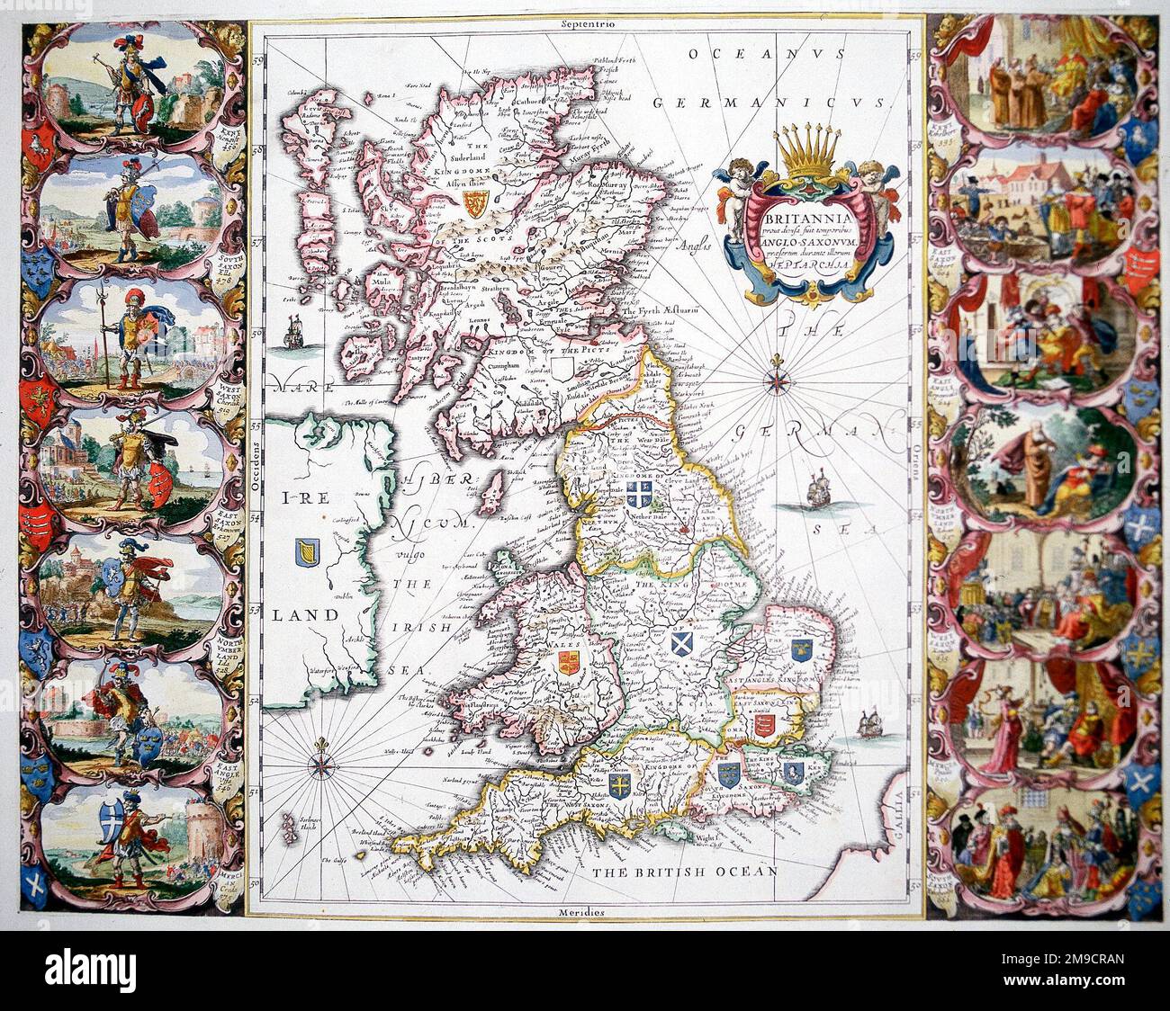 Mapa de la Heptarquía, Reinos anglosajones de Gran Bretaña de la Edad Media Temprana, Northumbria, Mercia, Anglia Oriental, Essex, Kent, Sussex y Wessex. Foto de stock