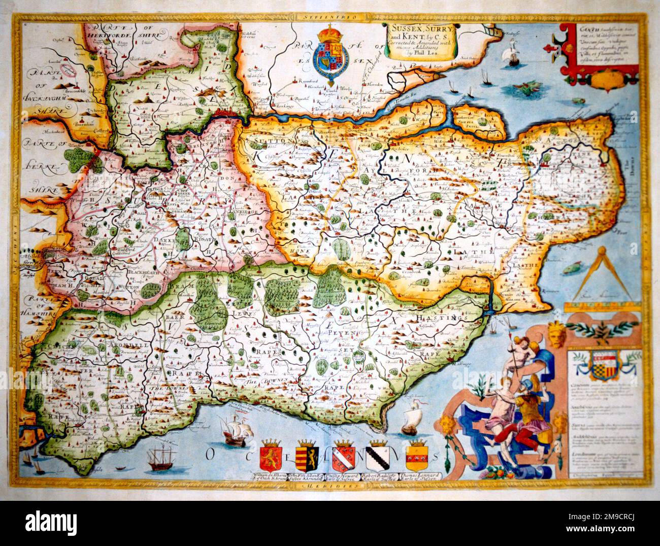 Mapa del siglo 16th del sudeste de Inglaterra, Kent y Sussex Foto de stock