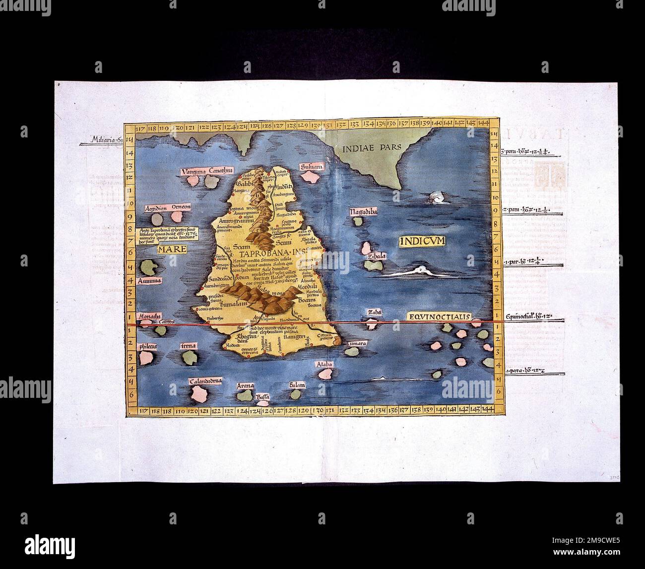 Mapa de Taprobana, tierra mítica creada por Ptolomeo, confundida con Sri Lanka (Ceilán) Foto de stock