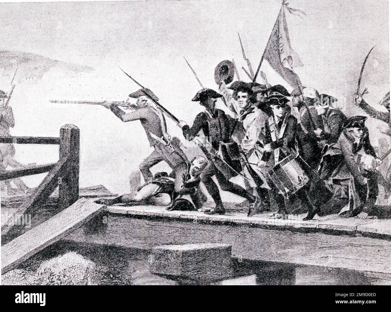 Lucha histórica en Concord Bridge, EE.UU. - 19 de abril de 1775 Foto de stock
