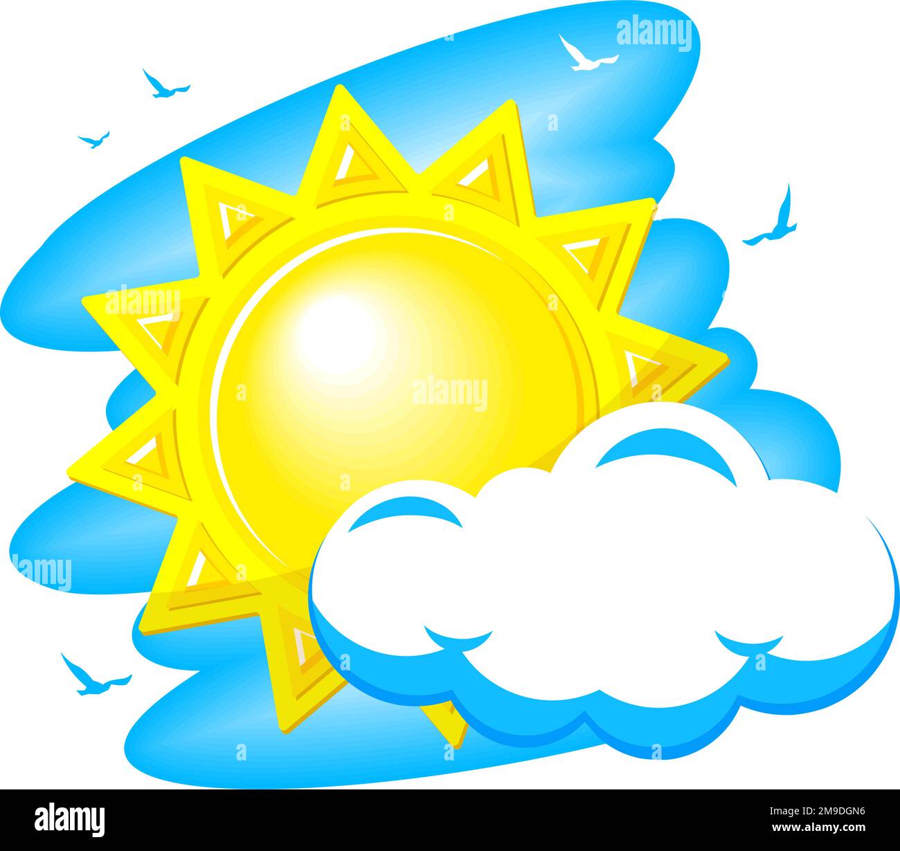 Sol, nube y pájaros en el cielo azul. Ñartoon icono de estilo en backdround transparente Ilustración del Vector
