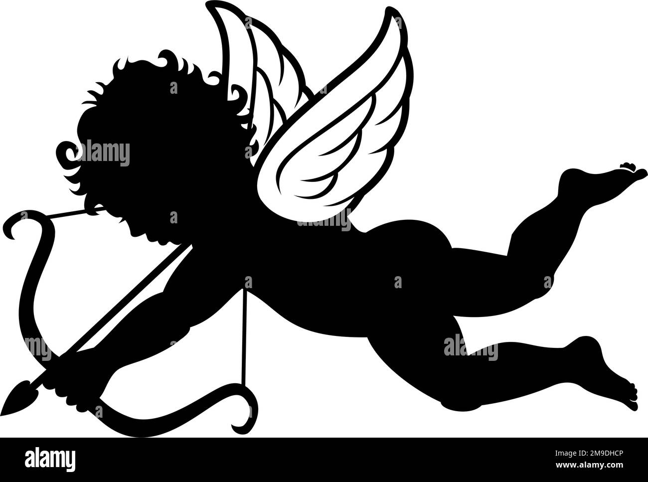 Flying Cupid silueta dispara arco. Plantilla de vector para saludo, tarjeta de invitación día de San Valentín en fondo transparente Ilustración del Vector