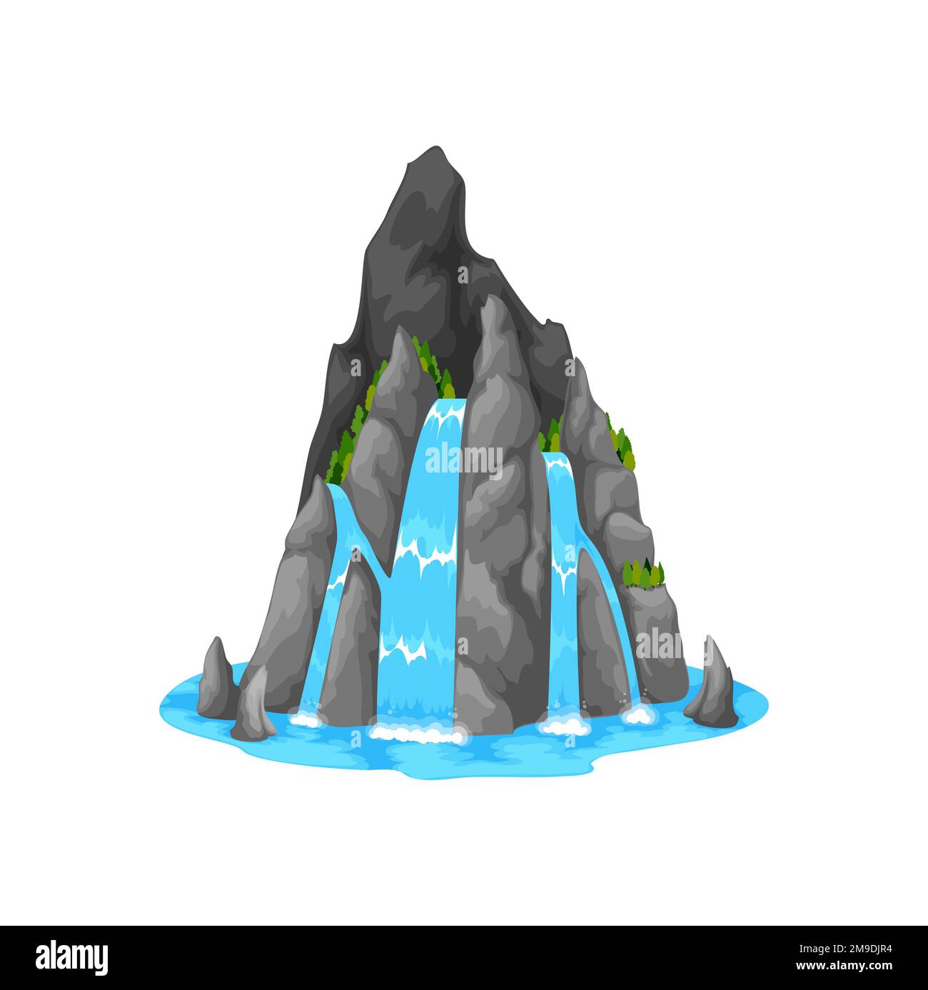 Cascada de dibujos animados y cascada de agua. Río de montaña, manantial de agua de la selva tropical o objeto de juego de vector de corriente, cascada aislada en rocas, cayendo de Cascada de dibujos animados y cascada de agua. Río de montaña, manantial de agua de la selva tropical o objeto de juego de vector de corriente, cascada aislada en rocas, cayendo de