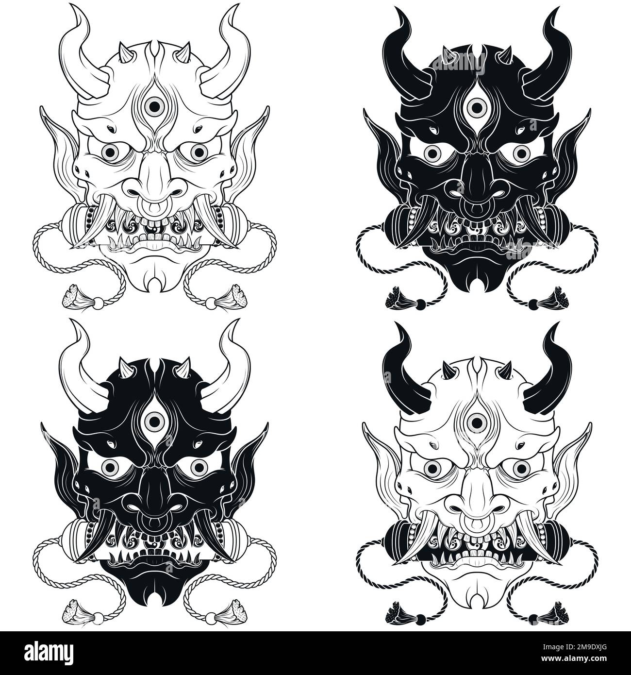 Diseño vectorial de cráneo ninja con máscara japonesa de hannya, kunai