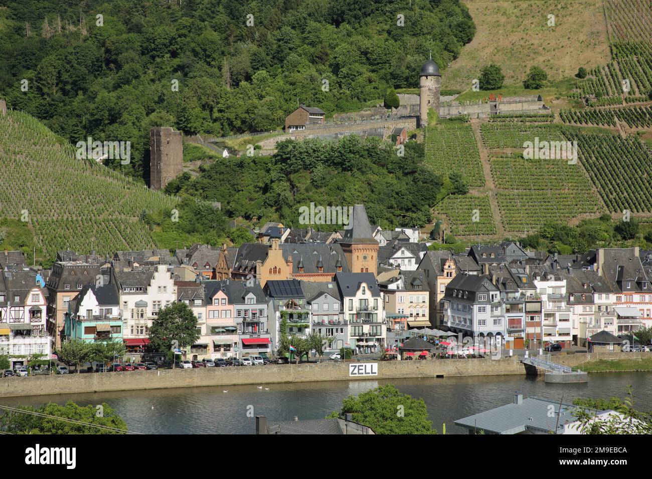 Vista de Zell con el área de cultivo de vino Zeller Schwarze Katz en el Mosela Inferior, Mosela, Renania-Palatinado, Alemania Foto de stock