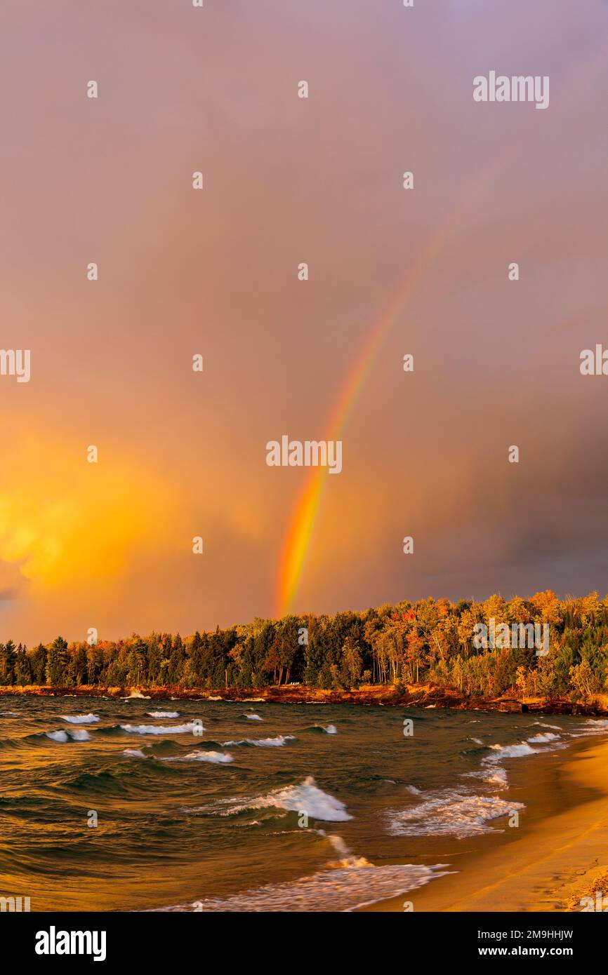 Arco iris sobre el bosque en la costa del lago Michigan al atardecer, condado de Alger, Michigan, EE.UU Foto de stock