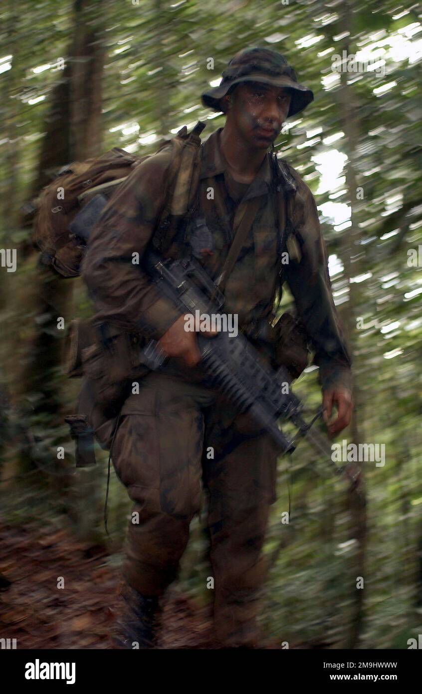 El Cuerpo de Marines de LOS EE.UU. (USMC) Cabo (CPL) Charlie Dixon, con el elemento de combate terrestre, pisotea furiosamente a través de las selvas de Brunei, durante la fuerza de aterrizaje Cooperación a Flote Preparación y Entrenamiento (KARAT), contempla el ejercicio por venir. País: Brunei Darussalam (BRN) Foto de stock