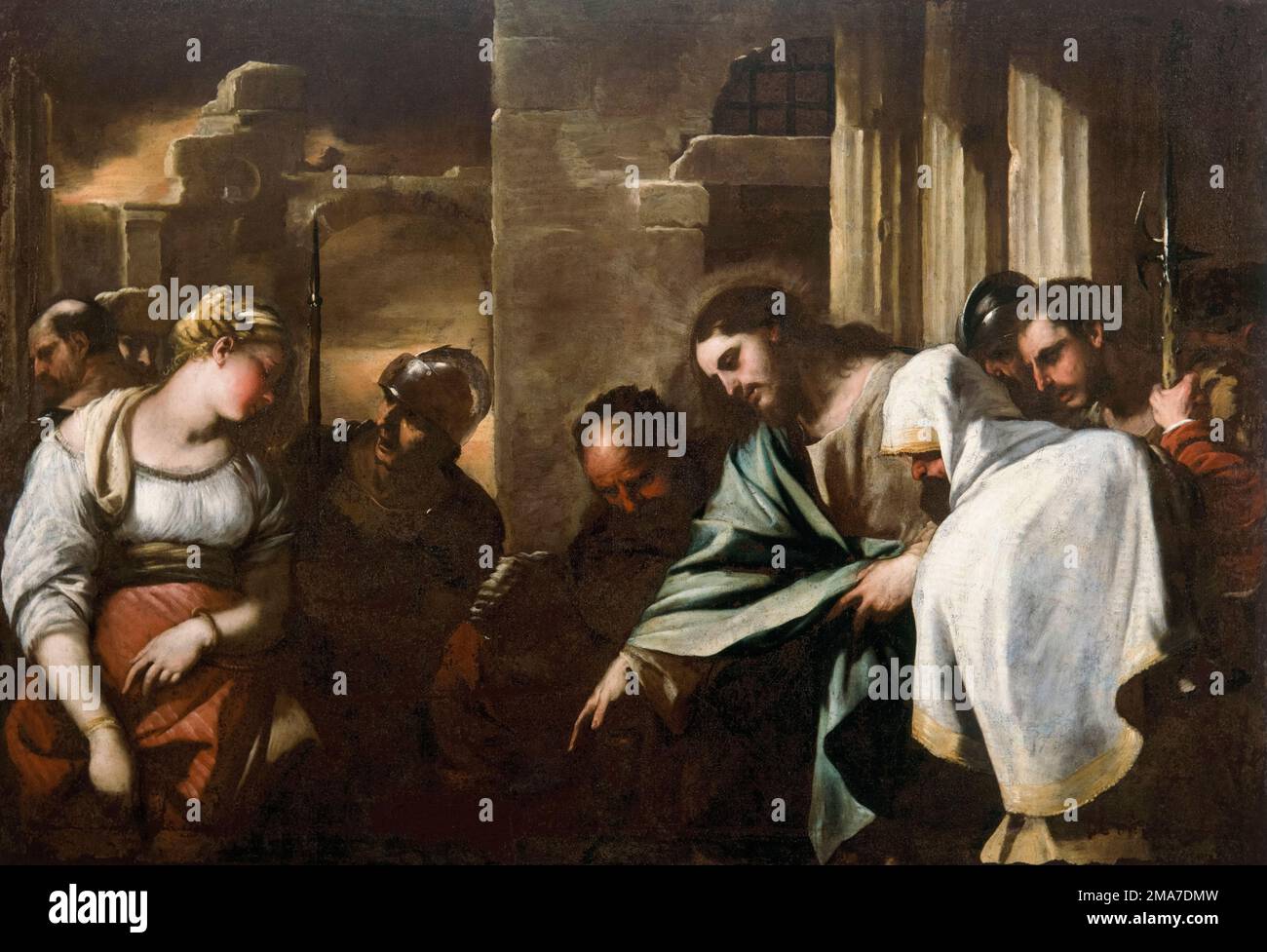 Luca Giordano y taller, Cristo y la adúltera, pintura al óleo sobre lienzo, 1658-1659 Foto de stock
